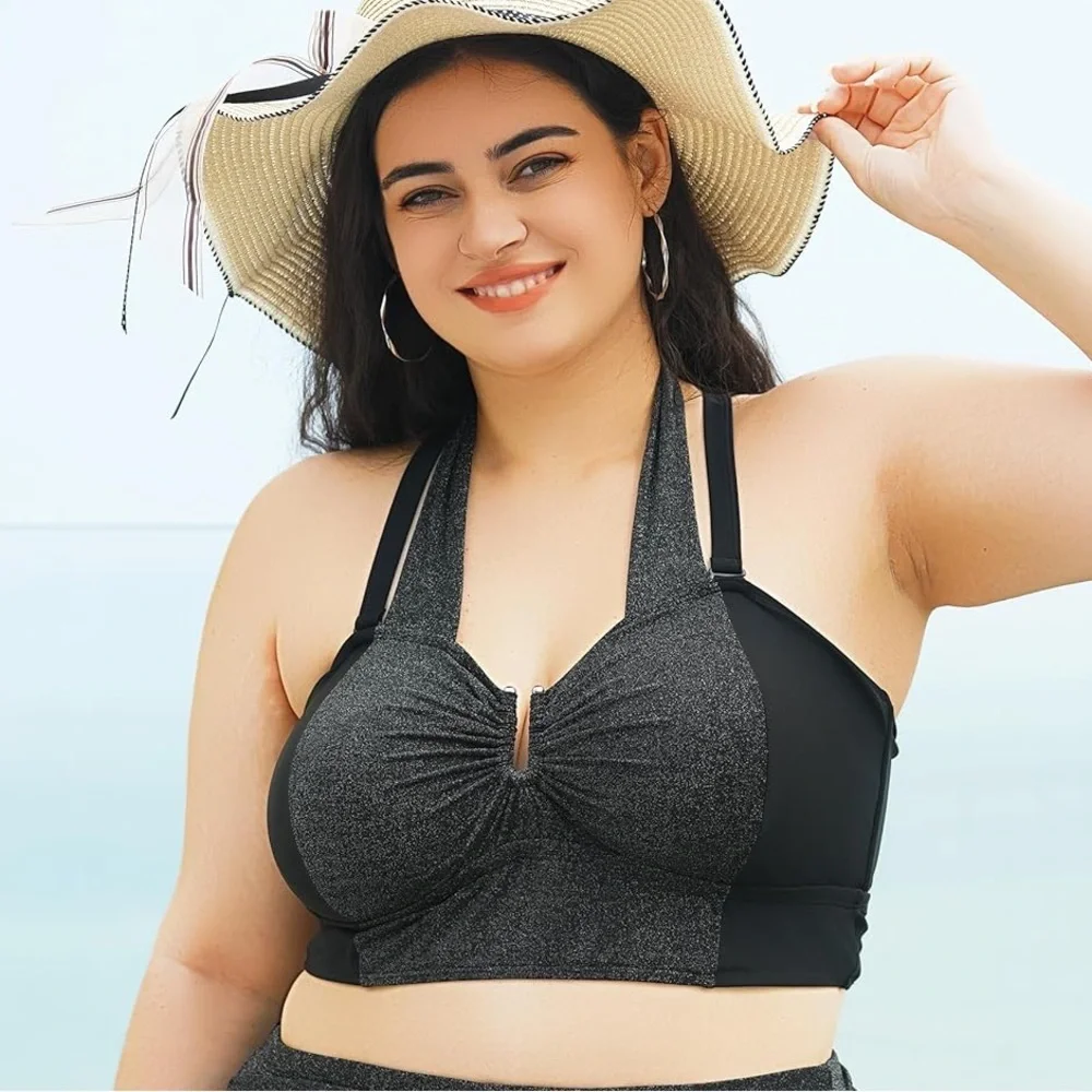 Bikini Top XL Black Shimmer Halter Racerback Plus Size‎ Tankini Swim Top NWOT